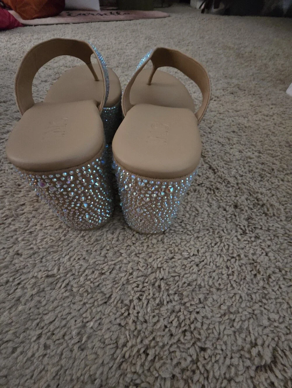 Beige Crystal Embellished Wedge Flip Flops - Brand: